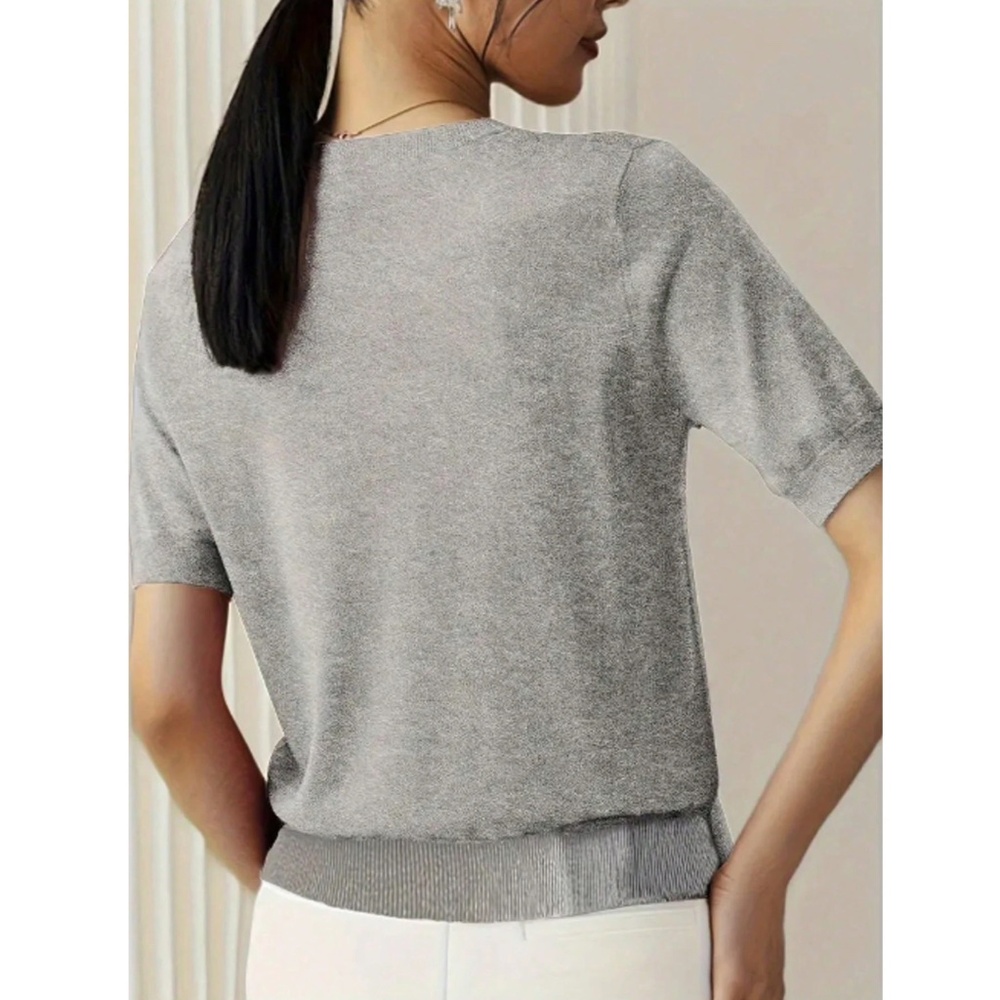 Grey Knit Sweater Top Round Neck Short Sleeve - Picture 3 of 6